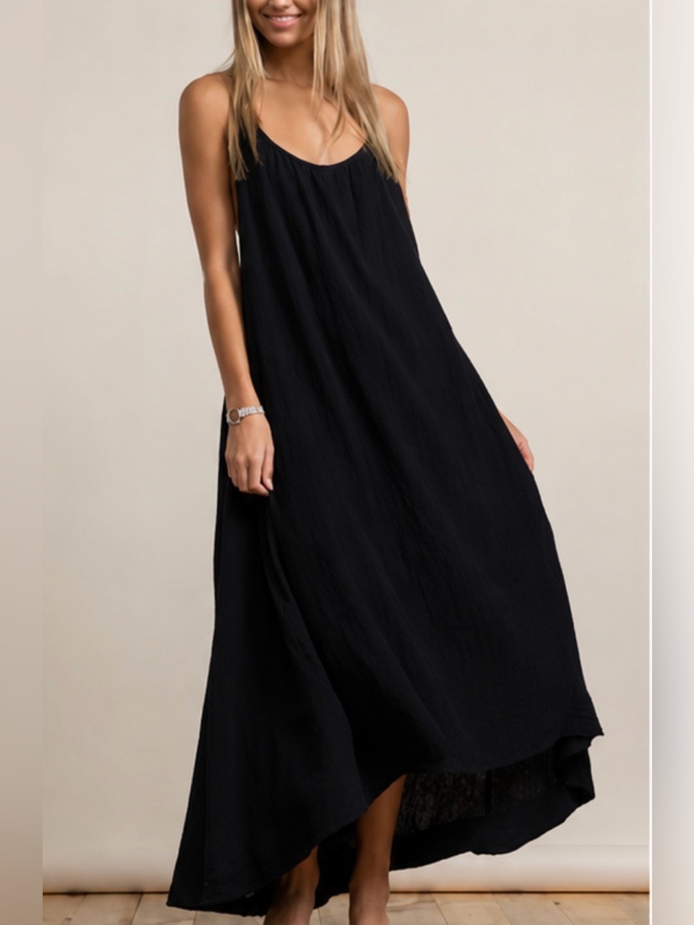 For Days Organic Cotton Black Maxi Dress S Gauze Lagenlook High Low Swing